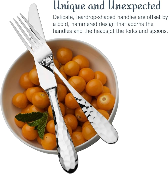 Mikasa Lilah 18/10 Stainless Steel Flatware Set, 45-Piece Silverware Set for 8 with Serving Utensils, Hammered Design, Dishwasher Safe