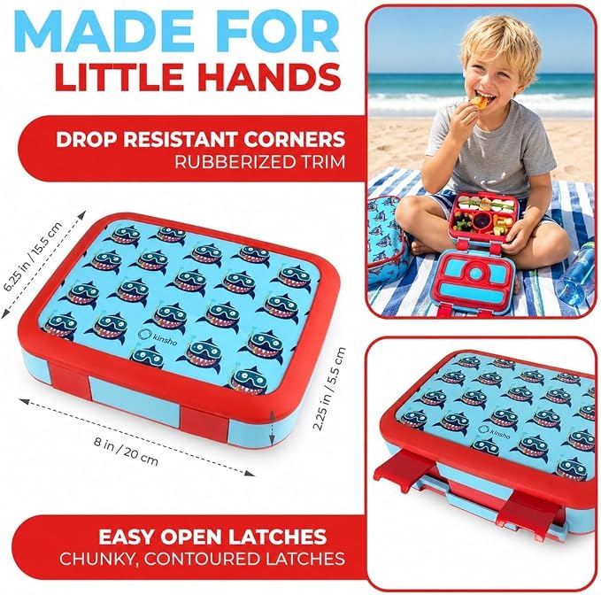 kinsho Bento Lunch Box Set with Thermo Bag & Ice Pack, Cute Baby Blue Shark | 4 Compartments, Removable Tray, Small Meal Snack Container for Boys Toddlers, Daycare & Pre-School, Steel Food Jar
