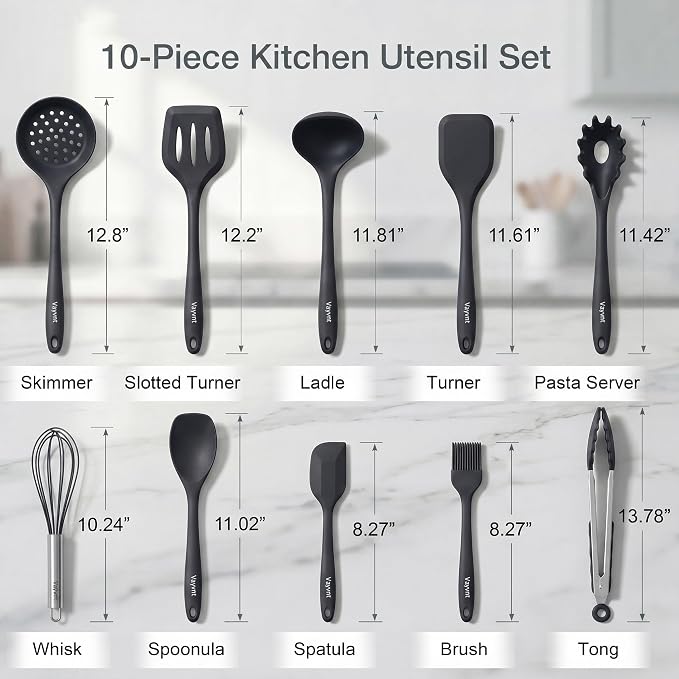 Vayvnt Kitchen Utensils Set, 10PCS Silicone Utensils Set for Cooking, Black | Non Toxic, One-piece Silicone, Non Scratch on Pot and Pans, Heat Resistant to 480℉, Food Grade Spoon Whisk, Dishwasher Safe