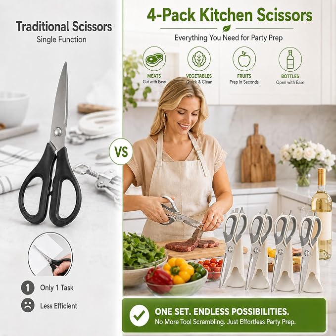 4-Pack Heavy Duty Kitchen Shears, Stainless Steel, Come-Apart Design for Easy Cleaning, Multi-Purpose Cooking Scissors with Magnetic Holder for Fridge Organization Kitchen Tools Set