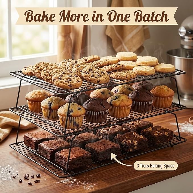 Cooling Racks for Baking, 3-Tier Stackable Stainless Steel Wire Cooling Rack Set of 3 (10"x15") with 100 Paper, Oven Safe Heavy Duty Rust-Resistant Wire Rack for Cookie Sheet Roasting Grilling.