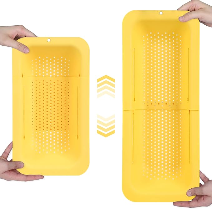 Blue Ginkgo Over Sink Colander, Extendable Kitchen Strainer, Yellow | Fits Most Sinks. Rinse, Drain and Dry with Ease.