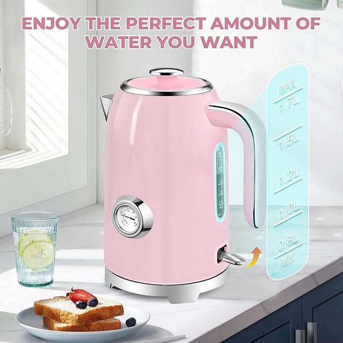 SUSTEAS 57oz Electric Kettle with Thermometer, Hot Water Pot, Pink | Electric Tea Kettle for Boiling Water, 1500W Stainless Steel Pot, Cordless LED Indicator, Auto Shut-Off & Boil Dry Protection