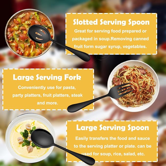 8 PCS Stainless Steel Serving Utensils, Large Serving Spoons Slotted Spoons, Forks, Ice Suger Tongs, Cake Server, Soup Ladle, Metal Utensils Set Great for Buffet Catering Banquet Party, Black
