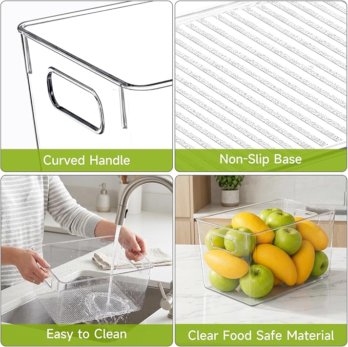 YKIOKE 8 Pack Clear Plastic Storage Bins with Handles, Stackable Organizer | BPA-Free, 4 Large & 4 Small Stackable Organizer Containers for Kitchen Cabinets, Countertops, Drinks, Fruits, Vegetables
