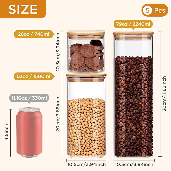 Square Glass Food Storage Jars with Lids[Set of 5], Perfect for Pasta, Cookies, Nuts, Coffee, Cereal, Flour,Organize Your Kitchen and Pantry with these BPA-Free Glass Jars with Canisters