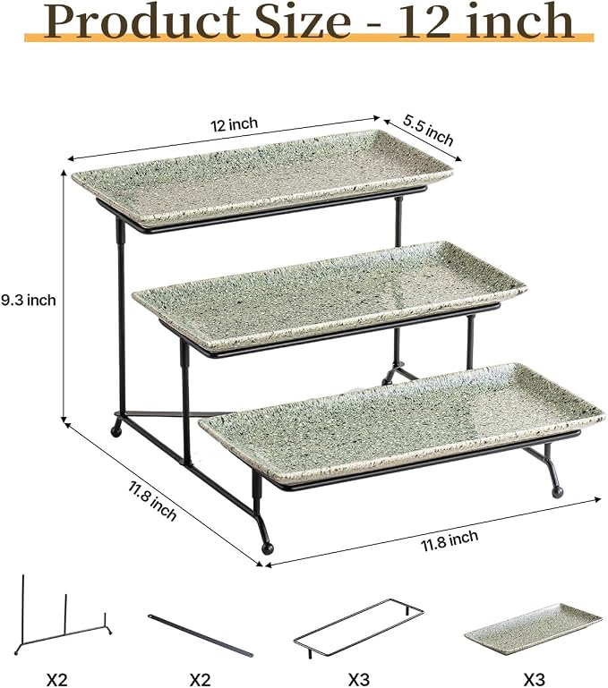 LAUCHUH 3 Tier Serving Tray, Porcelain Serving Platters and Trays for Party | 12 inch Tiered Tray Stand Dessert Party Display Set with Collapsible Sturdier Rack for Halloween Serving Food, Speckled Gray