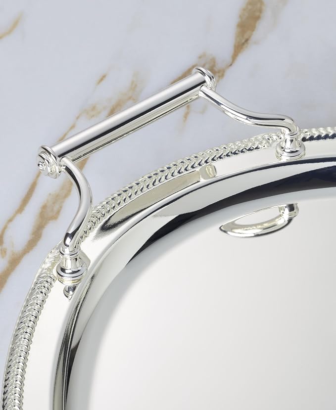 Reed & Barton Oval Silverplate Serving Tray with Handles | braided metal border | 13 x 17 inch | elegant entertaining or vanity decor, gift for women, vanity decor item