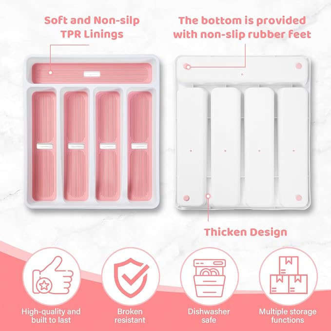 5-Compartment Silverware Organizer Tray with Icons for Kitchen Drawer | Non-slip TPR Linings，5-Compartment，High-quality Plastic，Fits Well In Standard Drawers，With Cutlery Icons