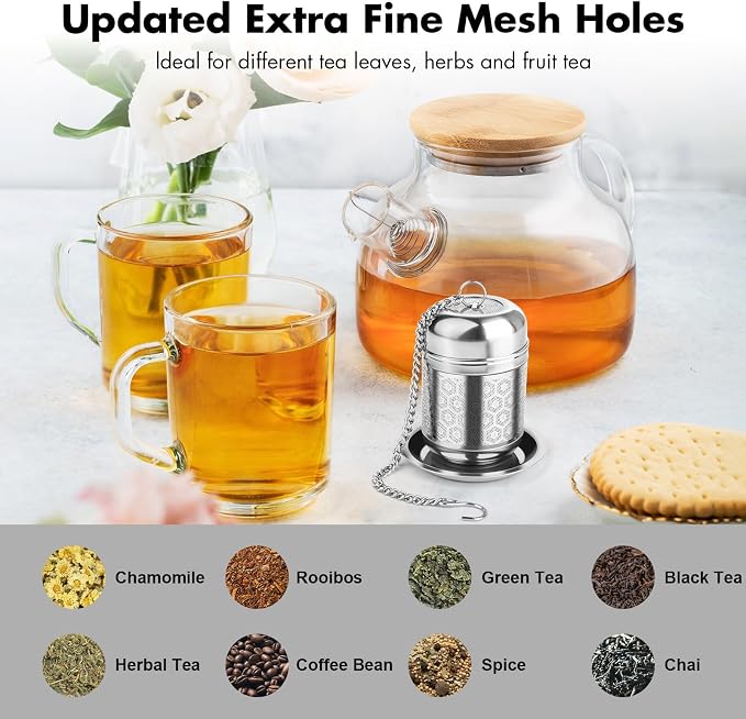 Tea Infuser for Loose Leaf Tea, Extra Fine Mesh Tea Strainers, 304 Stainless Steel & Updated Slim Threaded Lid, Loose Leaf Tea Steeper for Brew Tea, Spices, Rooibos, 2 Pcs, Sliver