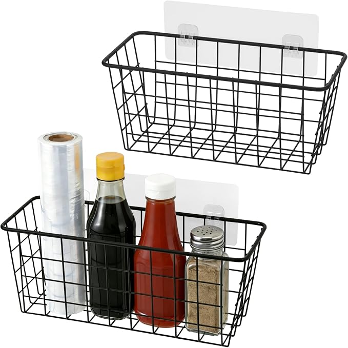 Toplife Adhesive Hanging Wall Baskets,Kitchen Cabinet Door Organizer 2 Pack | No Drilling,Over the Cabinet Cupboard Door,Bathroom, Kitchen Storage,Pantry Organization,Space-Saving