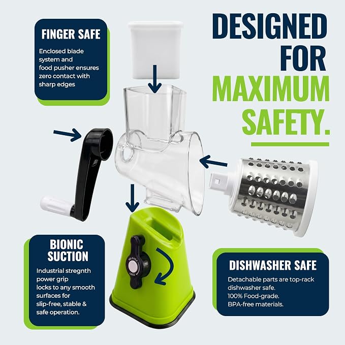 ICO Rotary Cheese Grater with Handle – Manual Vegetable Slicer & Round Shredder – 3 Interchangeable Stainless Steel Blades for Cheese, Nuts, Chocolate – Strong Suction Base Kitchen Mandoline