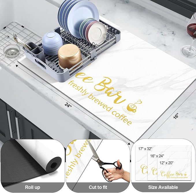 Findosom Dish Drying Mat, 16"x 24" Super Absorbent & Hide Stain Coffee Mat, Cuttable Drying Mat for Kitchen Counter, Coffee Bar Accessories, Under Dish Rack, Coffee Maker, Espresso Machine, White