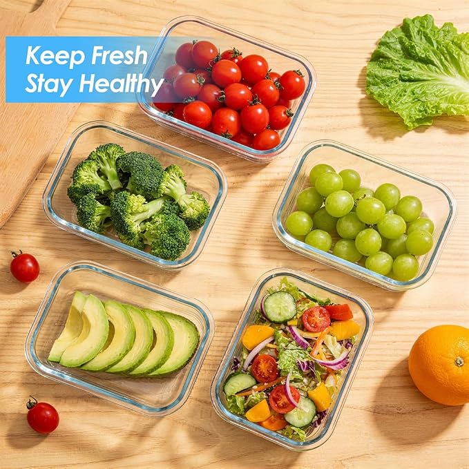 5-Pack 36oz Glass Food Storage Containers with Lids, Grey | Glass Meal Prep Food Container Sets, Airtight, Reusable, Leak-Proof, Microwave Oven Freezer Dishwasher Safe