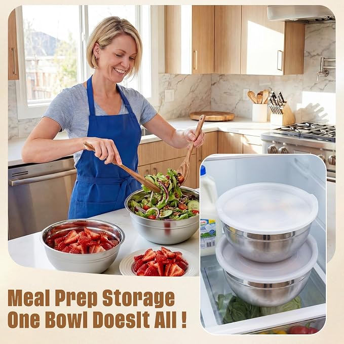 Geetery 6 Pack Stainless Steel Mixing Bowls with Airtight Lids 3qt Metal Mixing Bowl Thicker Stainless Steel Salad Bowls for Food Prep, Baking, Storage, Cooking, Serving Dishwasher Safe (White Lid)