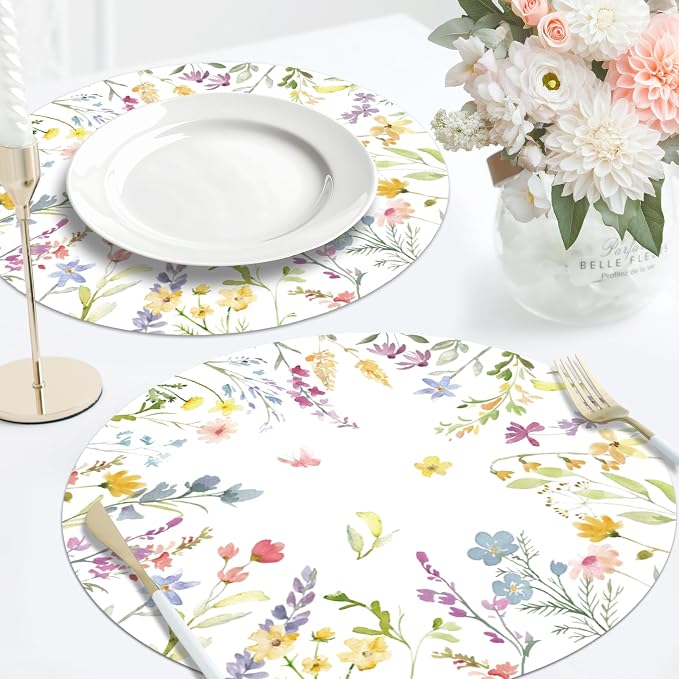 50PCS Floral Disposable Paper Placemats 13.5 Inch Summer Flowers Placemats Pastel Watercolor Round Table Mats for Wedding Anniversary Bride Party Supplies