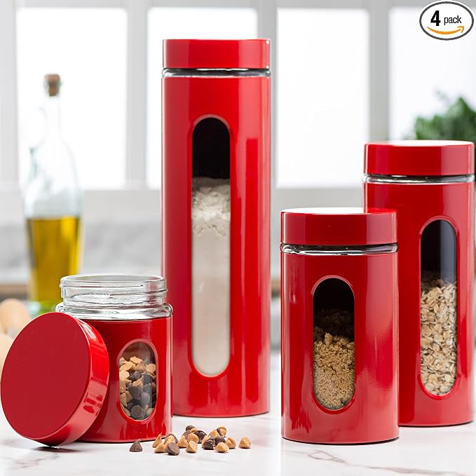 Quality Modern Red Stainless Steel Canister Set for Kitchen Counter with Glass Window & Airtight Lid - Food Storage Containers with Lids Airtight - Pantry Storage and Organization Set