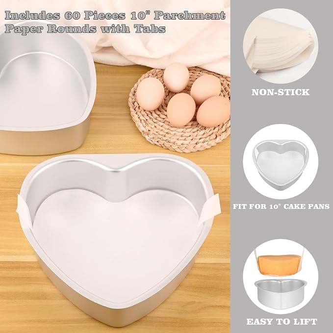 HUAKENER 9.5 Inch Heart Cake Pan, Non-stick Aluminum Heart Cake Pan | Set 2 Pack Heart Shaped Cake Pans with 60 Pieces Parchment Paper, Non-stick Cake Baking Pans for Kitchen Birthday Wedding