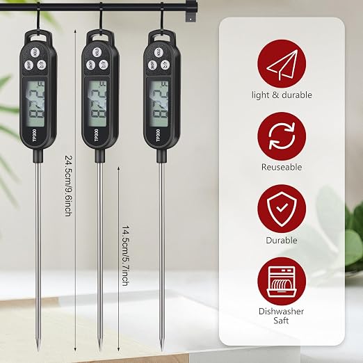 Instant Read Meat Thermometer with Long Probe 9.65 Inch Kitchen Cooking Food Candy Waterproof Digital Thermometer for BBQ Water Milk Yogurt Liquid(Black,12 Pcs)