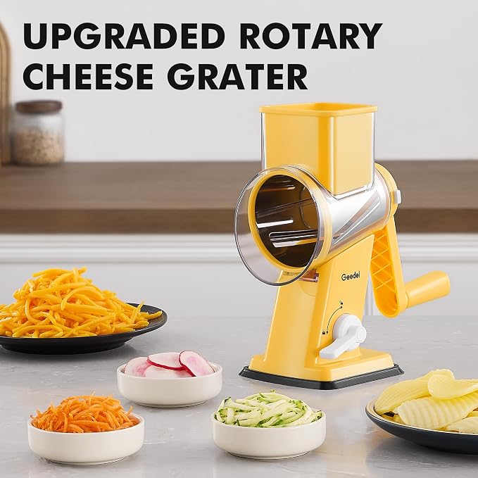 Geedel Upgraded Rotary Cheese Grater Hand Crank, Vegetable Shredder Slicer | 4 Blades, Stronger Suction Base, Wider Chute, 18x Faster Cutting, No BPA, Stainless Steel, for Cheese, Veggies, Nut