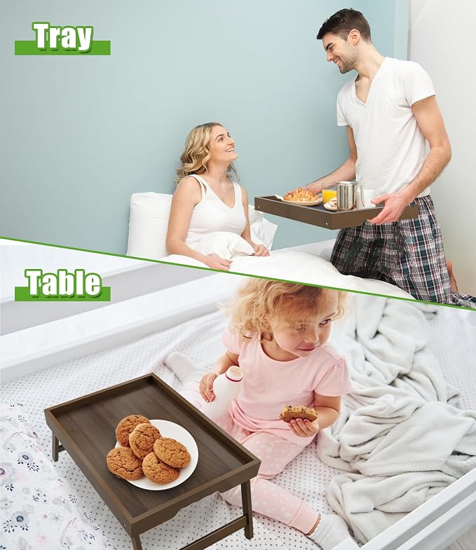 Artmeer FSC 100% Bamboo Bed Tray with Folding Legs, Large, Walnut | Large FSC 100% bamboo bed tray with folding legs, handles and raised edges for meals, laptops, reading and serving.