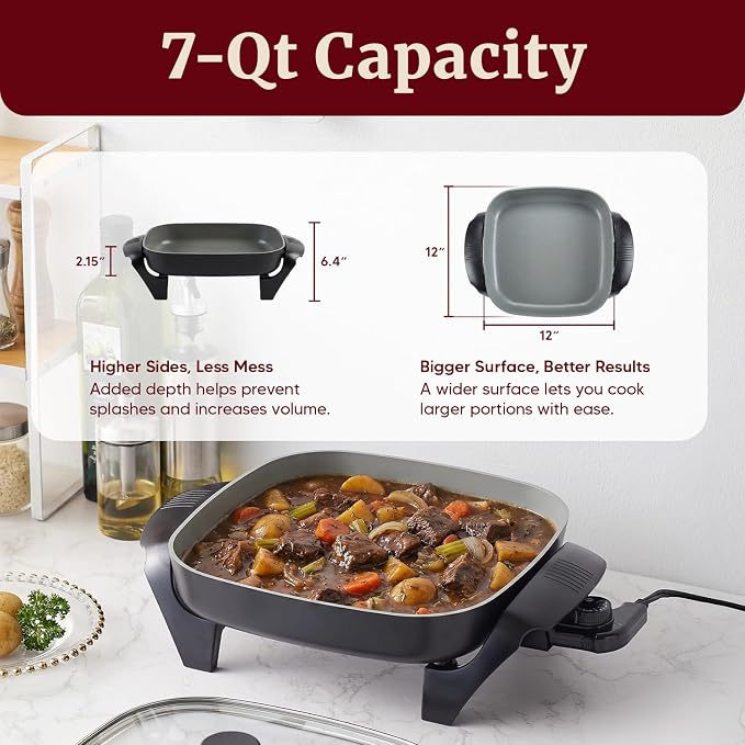 Elite Gourmet Ceralast PFAS-Free Ceramic Electric Skillet, 1200W, Dark Gray | Dishwasher Safe, Rapid Heat-Up Coating, 12"x12" Cooking Surface, Non-Stick for Everyday Meals - 2.15" Deep Design