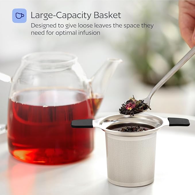 Stainless Steel Tea Infuser for Loose Leaf Tea – Extra Fine Mesh Strainer with Heat Proof Double Handles & Lid, Reusable Filter Fits Mugs, Cups & Teapots, Black