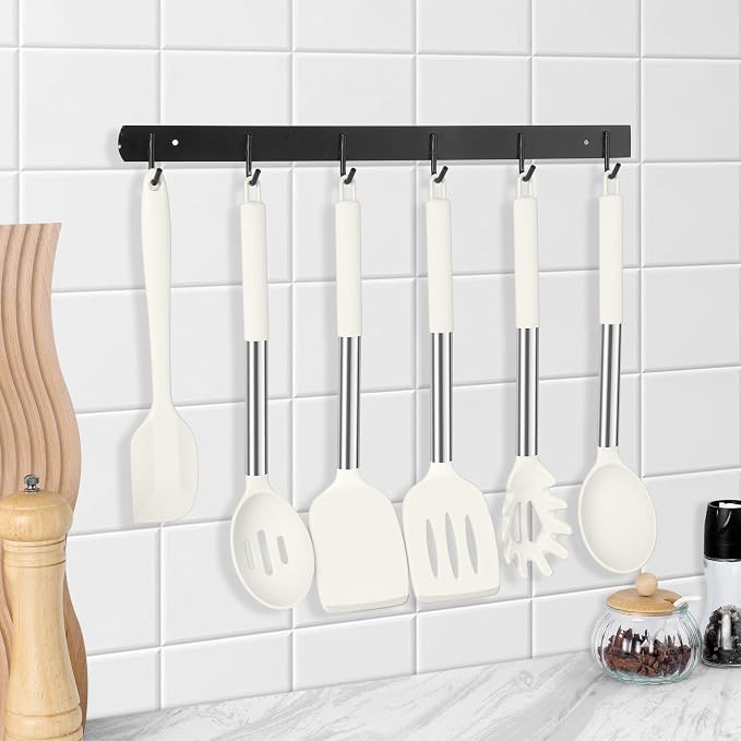 LIANYU 15 Pcs Cooking Kitchen Utensils Set with Stainless Steel Handle | Silicone Kitchen Gadgets with Holder, Heat Resistant Spatula Tools, Brush Spoon Tong Whisk Ladle Turner for Cookware, White
