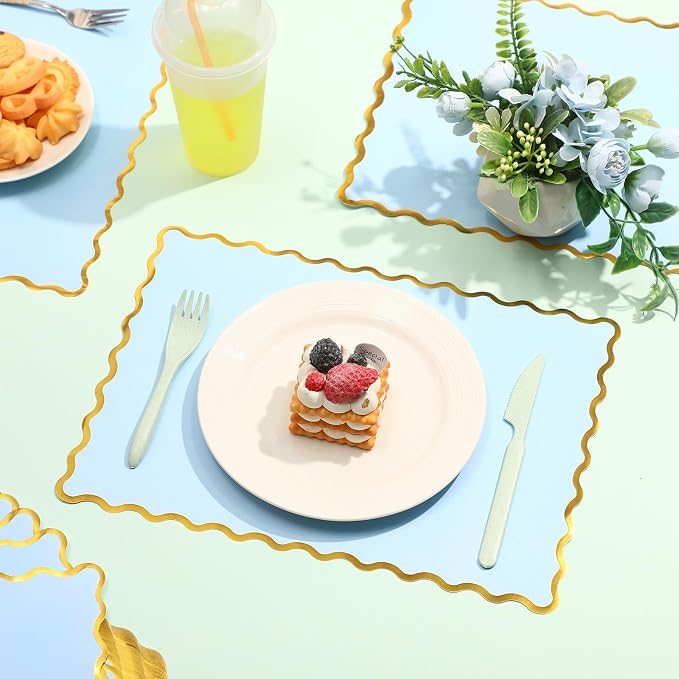 FoldTier 150 Pcs Disposable Paper Placemats Bulk 10"x14" Rectangle Place Mats with Scalloped Edges Dining Table Mat for Wedding Birthday Party Table Decoration(Baby Blue)