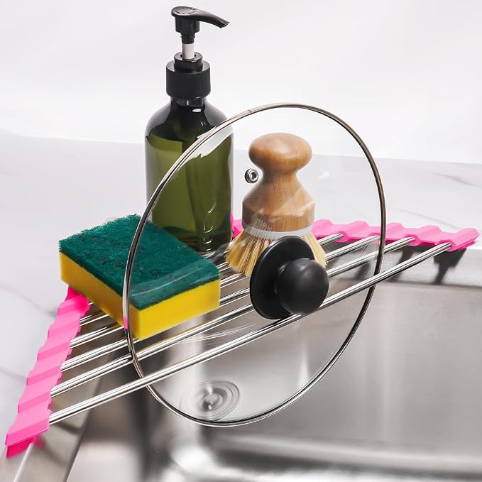 Tomorotec Triangle Roll Up Dish Drying Rack 304 Stainless Steel Rose | BPA-Free Food-Grade Silicone Edges Foldable Waterproof Rustproof Heavy-Duty Space Saver Heat Resistant to 550°F