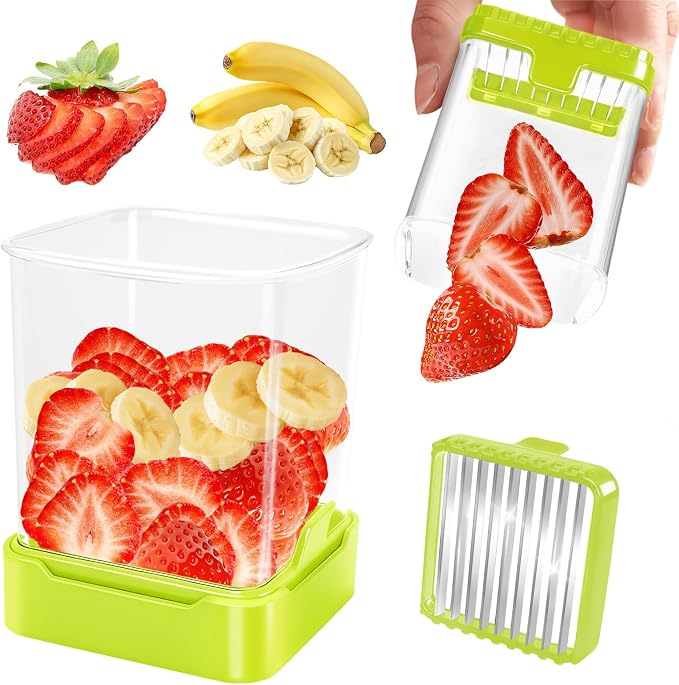 Strawberry Slicer Cup, Fruit Cutter, Quick-Slice, Meal Prep, Green | Dual-Function Base, Easy-Clean & Storable – 304 Stainless Steel Blade – Quick & Safe Slicing Kitchen Gadget