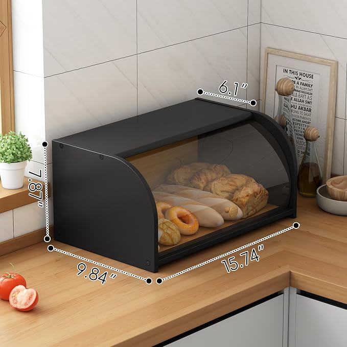 Roll Top Bread Box for Kitchen Countertop with Clear Lid | Natural bamboo, clear roll-top lid. Airtight small breadbox. Fits homemade loaves, bagels, pastries. Easy assembly.