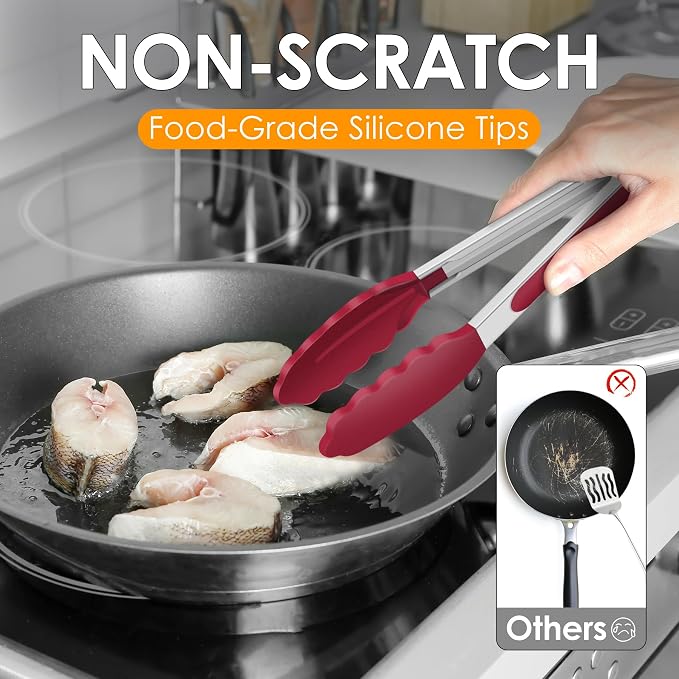 HOTEC Premium Stainless Steel Locking Kitchen Tongs with Silicon Tips, Set of 2-9" and 12"(Red)