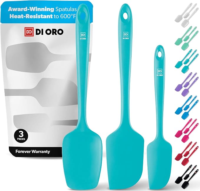 DI ORO Silicone Spatula Set - 600F Heat Resistant, 3-Pc Teal | Rubber scraper won't scratch nonstick pans; For baking, cooking, mixing, and frosting; BPA-free and dishwasher safe