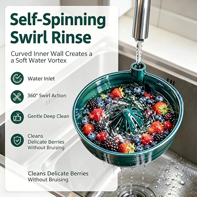 Self Spinning Ceramic Berry Washing Bowl with Drain Holes, 5.5'' Kitchen Fruit Washer Spinner Bowl with Fruit Fork and Waterproof Pad (Small-Green-A)