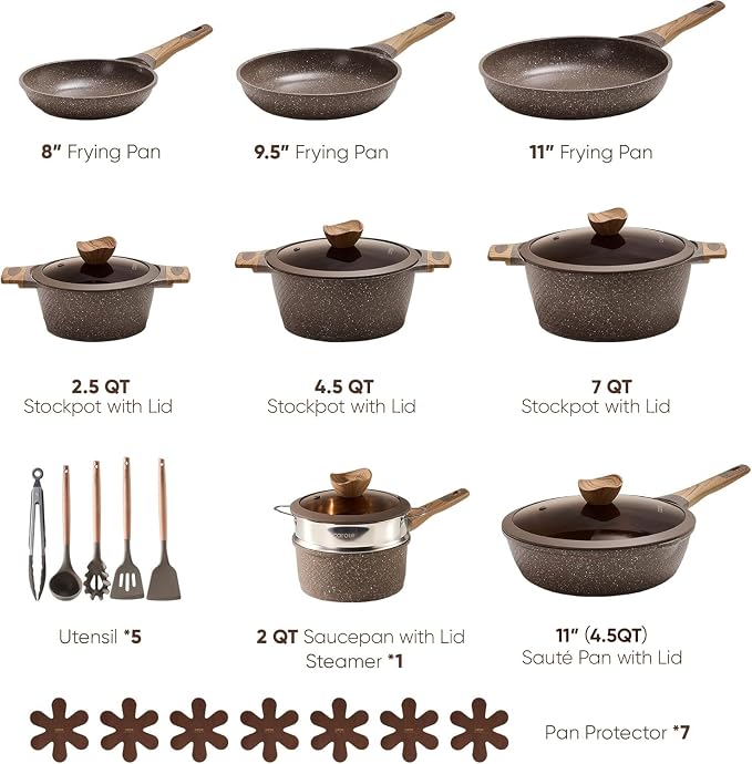 CAROTE 26pcs Pots and Pans Set, Nonstick Cookware Sets | Induction Kitchen Cooking Set, Special Texture Design, Ultra Durable, Easy Food Release, Even Heating, with Frying Pans Set