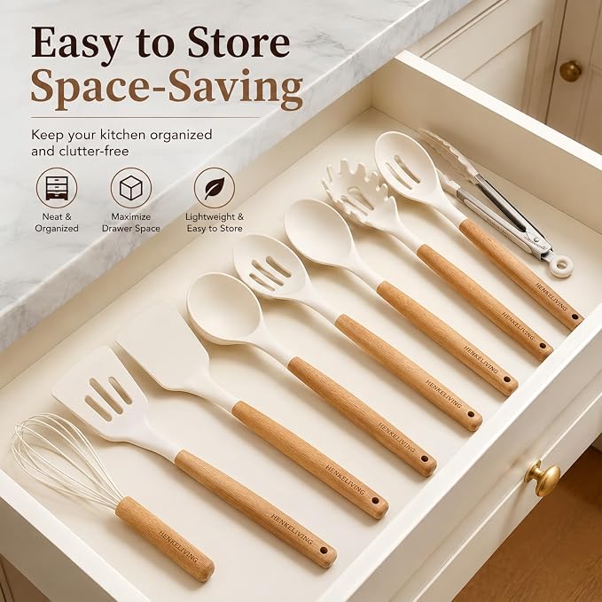 Silicone 10 Pcs Kitchen Cooking Utensils Set, Recycled Materials Certification, BPA Free Spatula Set with Heat Resistant Wood Handles for Nonstick Cookware, Cream White