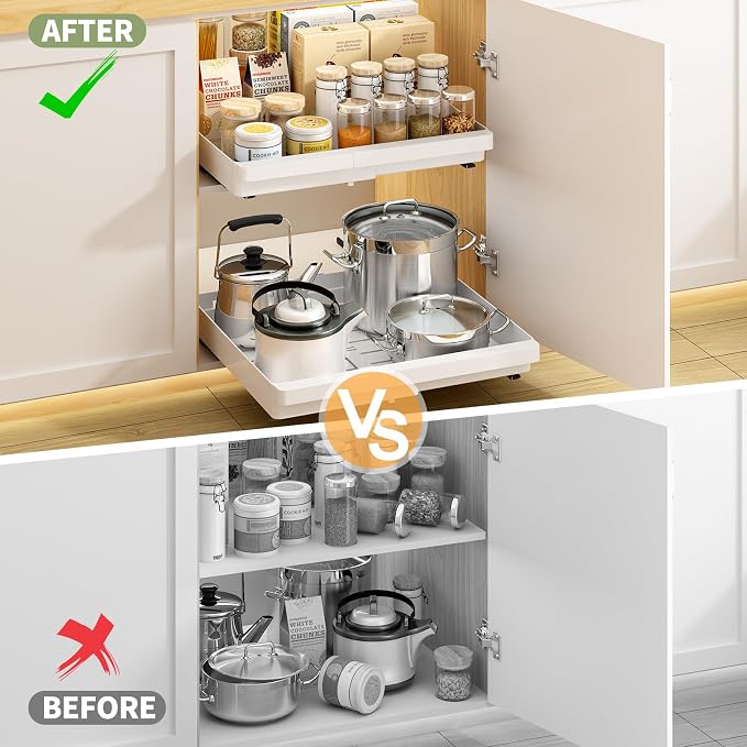 DOMNIU Pull Out Cabinet Organizers Expandable,White,16.9" Depth,4 Pack | Slide Out Drawers for Kitchen, Bathroom, Pantry, Under Sink Storage, Fixed with Adhesive Nano Film (11.6''-17.5'')