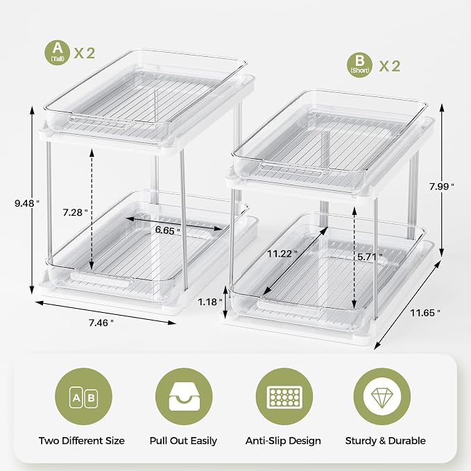Delamu 2-Tier Bathroom Under Sink Organizers and Storage, Pull Out Cabinet Drawers with Anti-Slip Design, Multi-Purpose Storage for Kitchen, Pantry, Bathroom & Home Organization, White, 4 Pack