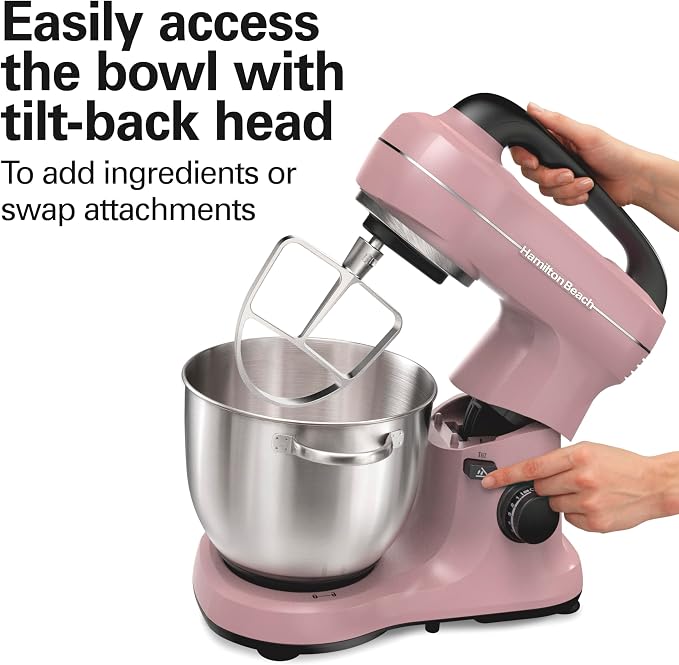 Hamilton Beach 4 Qt Electric Stand Mixer With 7 Speeds, Easy-Carry Handle | Planetary Mixing For Full Bowl Coverage | Splash Guard | 300 Watts | Whisk, Flat Beater, Dough Hook | Mixing Guide | Pink