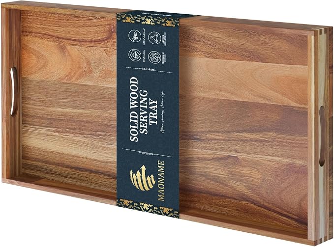 Extra Large Ottoman Tray, 40 x 20 inches Acacia Wood Serving Tray | Rectangle Wooden Decorative Tray with Handles, Oversized Coffee Table Tray, Serving Platter Tray for Living Room, Breakfast