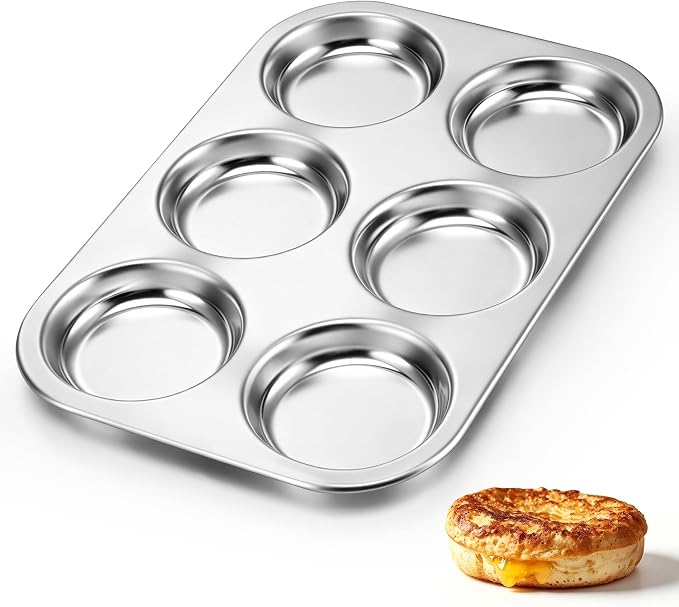 TeamFar Muffin Top Pan, 6 Cavity Stainless Steel Shallow Cupcake Pan | Muffin Tin for Baking Yorkshire Pudding, Whoopie Pie, Egg Bite, Hamburger Bun, Non Toxic & Dishwasher Safe