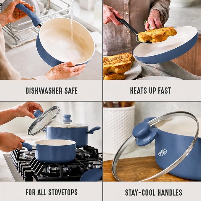 GreenLife 5QT Ceramic Nonstick Stockpot with Lid, Slate Blue | PFAS-Free Nonstick Coating, Casserole Pot, Soup Pot, Pasta Pot, Induction Ready, All Stovetop Compatible, Dishwasher Safe