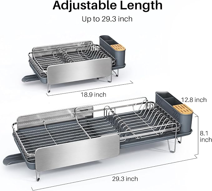Stainless Steel Dish Drying Rack for Kitchen Counter, Expandable, Silver | Stainless Steel Dish Drainer, Adjustable Length 18.9''-29.3'', Automatic Drainage, 360° Spout, Cutlery Holder with Knife Slot