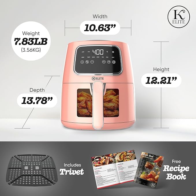 Kitchen Elite Countertop Digital Air Fryer with LED Screen, Peach, 5.5 Qt
