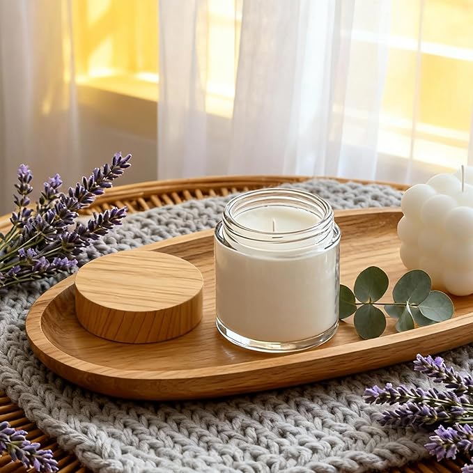 36Pack 4oz Small Glass Jar with Lid, Clear Cosmetic Jar with Wood-Grain Lid | Refillable bulk empty containers with labels; ideal for lotions, creams, salves, powders, candles and coffee, 120ml