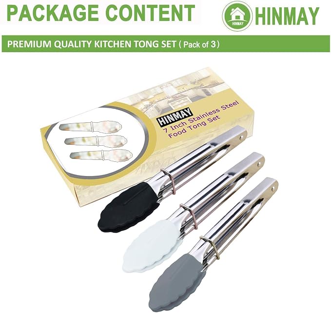 HINMAY 7-Inch Mini Tongs with Silicone Tips, Set of 3 (Black White Gray) | 7-Inch Small Serving Tongs