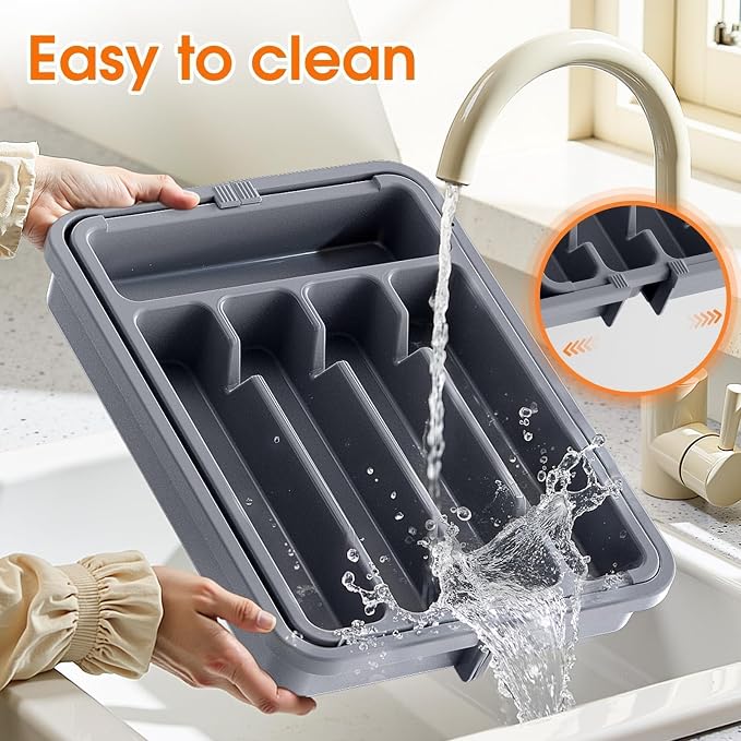 SpaceHacks Silverware Organizer，Adjustable & Expandable Drawer Organizer | Utensil Drawer Organizer, BPA Free Utensil Holder, Cutlery Tray for Forks, Spoons, Knives in Kitchen, Medium, Grey