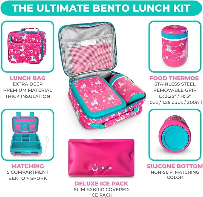 kinsho Kids Bento Lunch Box Set with Thermo, Bag & Ice Pack, Pink Unicorn | 5 Compartments, Removable Tray, Small Meal Snack Container for Kids Toddlers, Daycare Pre-School Kindergarten, Steel Food Jar