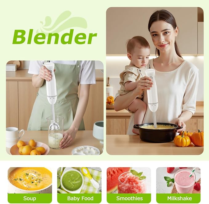 Bonsenkitchen Hand Blender,4-In-1 Emulsion Handheld with 2 Mixing Speeds | Egg Whisk, 24oz Beaker & Chopper Bowl, Immersion Blender for Baby Food,Smoothies, Soups & Sauces
